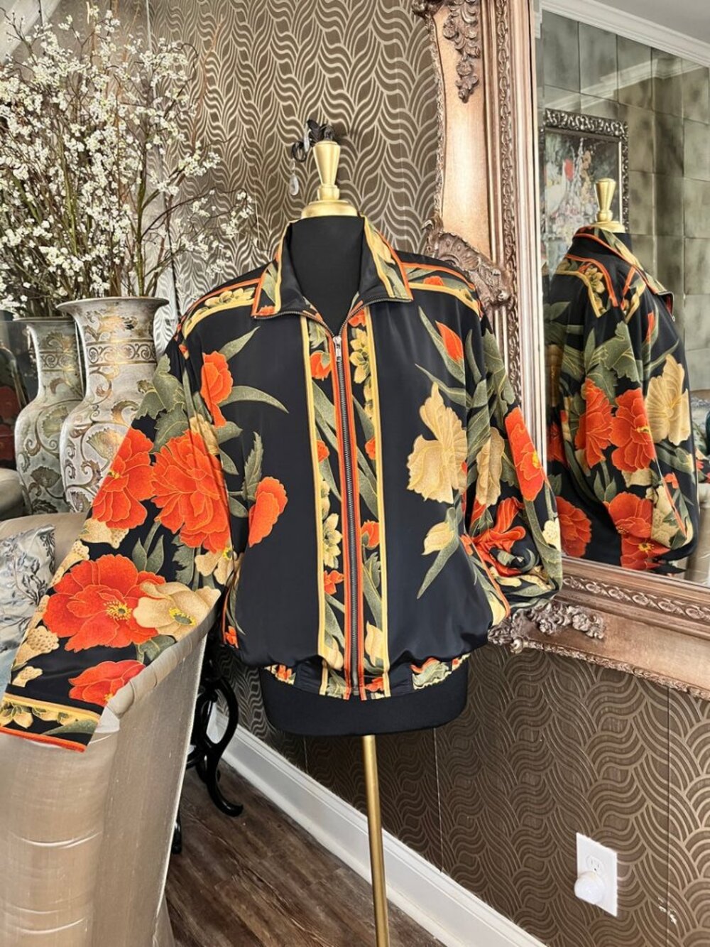 GDT floral bold orange and yellow botanical print zip jacket